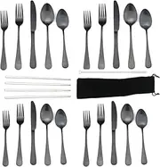 [JASHII] Modern Royal 20 Pcs Matte Black 18/10 Stainless Steel Utensils Cutlery Dinnerware Set w/ 4 Pcs Straw, Knife Fork and Spoon Flatware Set for Wedding Festival Christmas Party Service for 4
