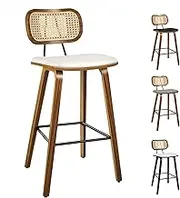 ALFORDSON 2X Bar Stools, Vintage Kitchen Dining Chair with 35cm Rattan Backrest and 67cm Leather Seat, Counter Barstools with Footrest for Home Bar Dining Room, Fiona Wooden White