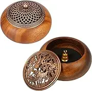 2 Pack Cone Incense Burner, Processed Walnut Incense Cone Holder with Cover and Fireproof Cotton, Vintage Incense Burner Holder for Living Room Bedroom Study Office