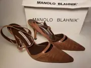 AUTHENTIC NEW MANOLO BLAHNIK LADIES BROWN ALLIGATOR MULE SHOES HEELS 36.5