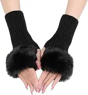 [UPSTORE] Women Winter Fingerless Gloves Knitted Arm Warmers Hand Mittens Thumb Hole Fluffy Wrist Short Cuff (Black)