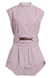 Brunello Cucinelli Stripe Belted Cap Sleeve Stretch Poplin Button-Up Shirt in White Prune at Nordstrom, Size Large