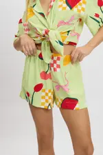 Green Abstract Relaxed Shorts High Rise - Size 14, Women's Shorts