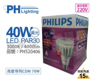 【PHILIPS飛利浦】LED PAR30 40W 15度 3000K 黃光 220V E27 燈泡 (4.4折)