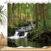 [ZXMBF] Nature Shower Curtain Flowing Stream Metal Hooks 12PCS Forest Waterfall Natural Landscape Green Trees Jungle Mossy Rocks Themed Scenery Waterproof Fabric Bathroom Decor 72x72 Inch