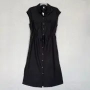 Old Navy Midi Shirt Dress Womens XS Black Utility Waist Defined Button Front