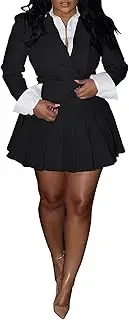 [HuiSiFang] Women 2 Piece Outfits Business Casual Double Breasted Cropped Blazer Jacket and High Waist Pleated Mini Skirt Sets