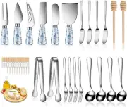 Versatile 23-Piece Cheese Knife Set with Tongs, Forks, and Markers - Marble Blue