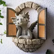 Hemore Dinosaur Fairy Garden Accessories, 6.3inch Resin Open Window Dinosaur Garden Statue, Dinosaur Wall Sculpture, Fairy Door Yard Art Decor for Yard Tree Wall