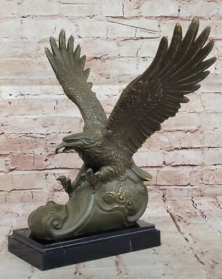 Vintage Real Bronze American Eagle Sculpture Statue - Bird Spread Wings on Rock