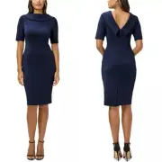 NWT Adrianna Papell Roll Neck V-Back Elegant Sheath Dress in Navy Satin size 8
