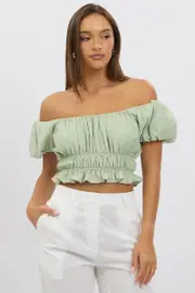 Green Ruffle Crop Top Puff Sleeve - Size 16XL, Women's Crop Top