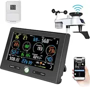 WiFi Weather Station Indoor, Weather Forecast Hd Color Display Outdoor Weather Sensor, Rain Gauge, Wind Direction and Speed Temperature Humidity Sensor with Moon Phase Calendar Alarm Clock