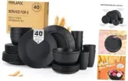 Kitchen Wheat Straw Dinnerware Set 40 PCS Dishes Set for 8 Plastic Plates Black
