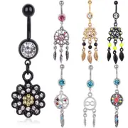 Boho Navel Ring Rhinestone Flower Tassel Belly Button Barbell Steel Piercing 16G