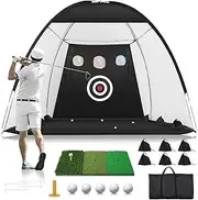 Golf Net: 10x7FT Nylon Golf Practice Net for Backyard Driving, Chipping, Indoor/Outdoor Golf Hitting Net Upgraded High Elastic Nylon Mesh with Tri-Turf GLF Mat and Targets, Gift for Men, Golf Lovers