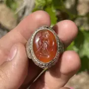 Ancient Roman Carnelian Agate Stone Roman King Intaglio Rare Solid Silver Ring