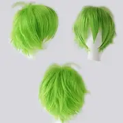 Cybelleza Anime Cosplay Wig Short Green for Women/Men Synthetic Straight Fancy Dress Wig Wavy Straight Layered Fluffy Halloween Costume Party Wig with Free Hat