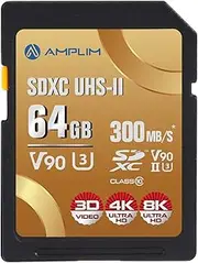 64GB UHS-II V90 SDXC SD Card - Amplim Blazing Fast 300MB/s (2000X) UHSII U3 Extreme High Speed 64 GB SD XC Memory Card for 4K 8K UHD Video Camera Camcorder. 64G TF Flash Storage - New Sept 2019