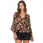 NWT WOMENS VOLCOM RUFFLE FEATHER LONG SLEEVE TOP $45 S black floral shirt