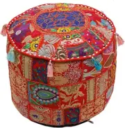 Pouf Ottoman Foot Stool Fabric Patchwork Embroidered Puffe Cover Indian Red
