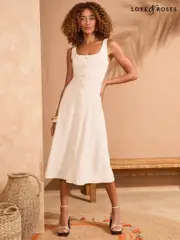Love & Roses Neutral Love & Roses Tailored Button Through Midi Dress With Linen (AM9138) | $134