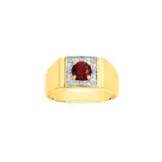 9ct Gold Diamond And Created Ruby Gents Ring in Red