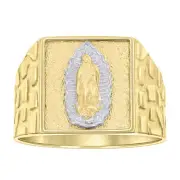 10kt Two-tone Gold Mens Square Head Guadalupe Religious Nugget Ring