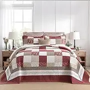 100% Cotton Oversized Queen Bedspread 102"x120" - Lightweight French Vintage Country Quilt - 3 Piece Bedspreads Coverlet Set - Reversible Plaid Floral Geometric Bedding in Burgundy/Beige/Taupe/White