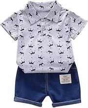 [Generic] Infant Boy Jacket Sleeve Set Baby Tops+ Crown Pattern Toddler Boy Shirt Denim Short Kids Pants Boys Outfits&Set Boy Outfit with Bow Tie