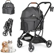 Beberoad Pets T3 3 in 1 Small Pet Stroller for Dogs & Cats, 4 Wheels with Detachable Carrier with Pad, Canopy and Cup Holder, Black