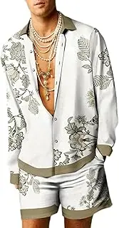[NAKEAH] Men's Trendy Retro 3D Print Loose Short Sleeve Shirt and Shorts Two Piece Set for Summer