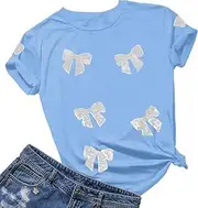 [MAXIMGR] Womens Bow Shirt Coquette Aesthetic Shirts Cute Sequin Graphic Tees Trendy Pink Bow Ribbon Short Sleeve Tee Tops