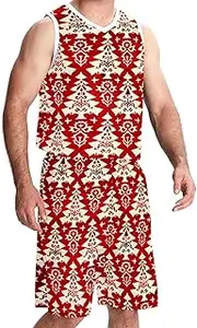 [KQNZT] Basketball Jersey with Shorts, Jersey Shorts Outfit Set, Athletic Shirts for Team Scrimmage, Red and White Christmas Tree Snowflake Retro