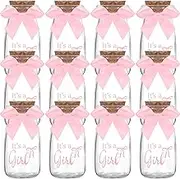 12 Sets Glass Favor Jars with Ribbons and Stickers Pink Bow It' s A Girl Glass Bottles with Cork Lids for Gender Reveal Baby Shower Wedding Party Decor Game Prizes