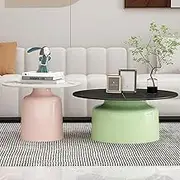 EKDJSN Round Coffee Table Set of 2, 31in+24in Nesting Table for Living Room, Small Stacking Side Tables with Slate Desktop, for Small Space, Bedroom(Pink Green)