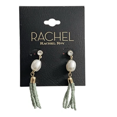 Rachel Roy Mint Beaded Tassel Earrings Faux Pearl Lightweight Boho Coastal