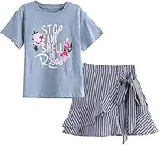 [Generic] Skirt Set for Girls Toddler Girls Summer Clothes Kids Floral Print T Shirt Short Sleeve Tops Striped Mini Skirts 2Pcs Outfits Baby Wrap for Girls Light Blue