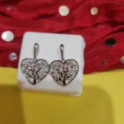 Heart Earrings Sterling Silver Genuine Diamond Tree of Life Dangles 0.10 Ctw