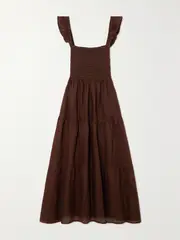 [Faithfull] Faithfull - + Net Sustain Benito Smocked Tiered Linen Midi Dress - Brown - large large Brown