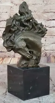 Dynamic Bronze Horse Head Bust – Swirling Mane Equine Sculpture on Marble Base