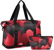 [Amooorous] Red Black Heart Valentine Gym Duffel Bag Overnight Carry On Tote and Luggage with Adjustable Strap for Hiking Large Capacity, red black heart Valentine, 1 size