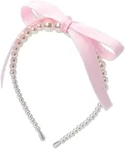 Guqqeuc Pearl Bows Headband Satin Bowknot Hairband Pink Top Bows Headbands for Women Girls Ribbon Bow Hair Hoop Cute Bow Knotted Hair Bands for Long Short Hair Accessories