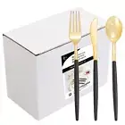 I00000 144 PCS Gold Plastic Silverware, Disposable Flatware with Black Handle...