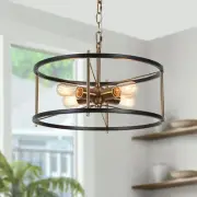Black and Gold Drum Chandelier, Modern Industrial 4-Light Pendant Light Fixtu...