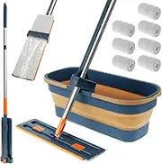 Large Flat Mop, Foldable Mop Bucket Set, 360° Rotating Microfiber Mop with Dewatering Scraper and 7 Mop Pads, Microfiber Mop for Hardwood Laminate Tile