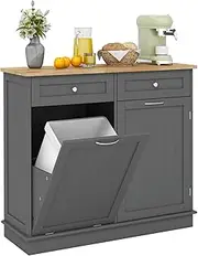 Giantex Kitchen Trash Cabinet, Tilt Out Trash Bin Cabinet with Single Trash Can Holder, Rubber Wood Countertop, Drawers, Adjustable Shelf, Freestanding Recycling Kitchen Island (Grey)
