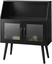OIKITURE Sideboard Buffet Cabinet - with Fluted Doors & Open Shelf, Multi-Storage Cupboard for Kitchen Living Room Dining Room, Coal Black