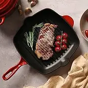 Enameled Cast Iron 28cm Square Grill Pan with Opposite-Side Grip Twin Pouring Lips Non Stick Shallow-Fry Skillet Enamel Coated Fry Pan - Black Cherry Red