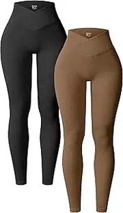 [OQQ] Women's 2 Piece Yoga Leggings Ribbed Seamless Workout High Waist Cross Over Athletic Exercise Leggings